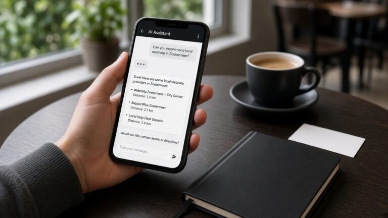Generative Engine Optimization: AI-assistent op smartphone in een café
