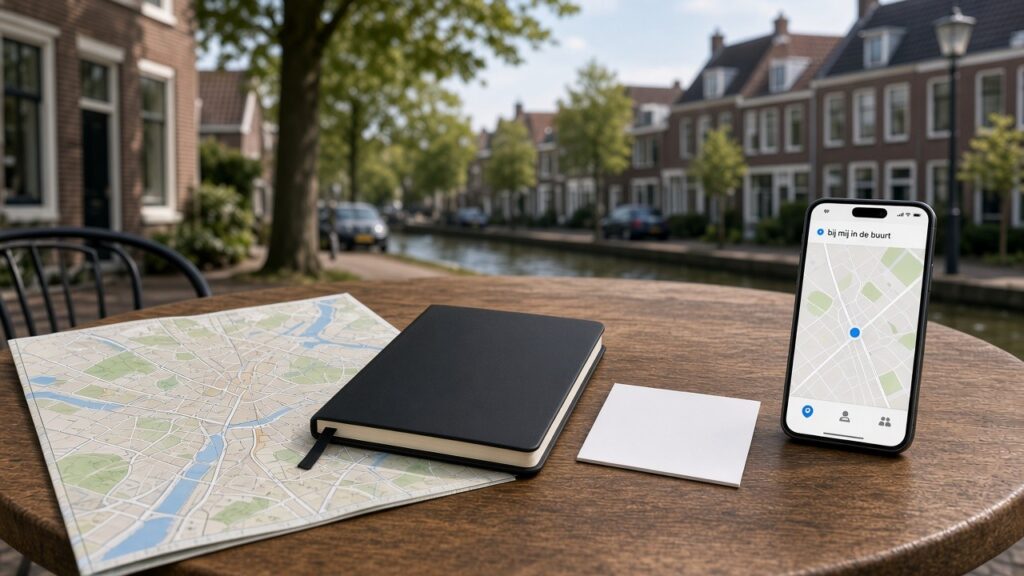 Lokale SEO voor ZZP’ers: zo word je gevonden in je regio 1 Lokale SEO voor ZZP’ers: kaart, notitieboek en smartphone met zoeken in de buurt
