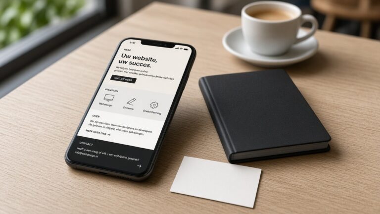 One-page website GEO Zoetermeer: smartphone met one-page mockup, notitieboek en visitekaartje