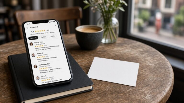 UGC Zoetermeer: smartphone met Google reviews op een cafétafel, zonder logo